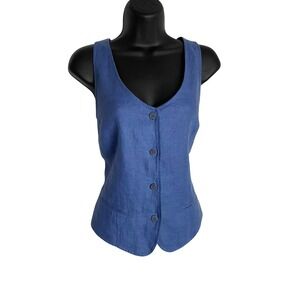 Ann Taylor Women Coastal Linen Vest Size 10 Blue Button Front Cross Back Straps